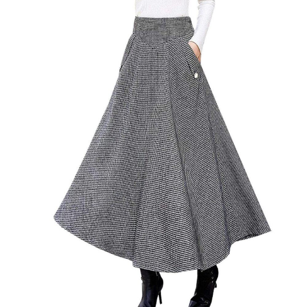 High Waist Wool Blend Maxi Skirt A-Line Flared Midi Long Skirt